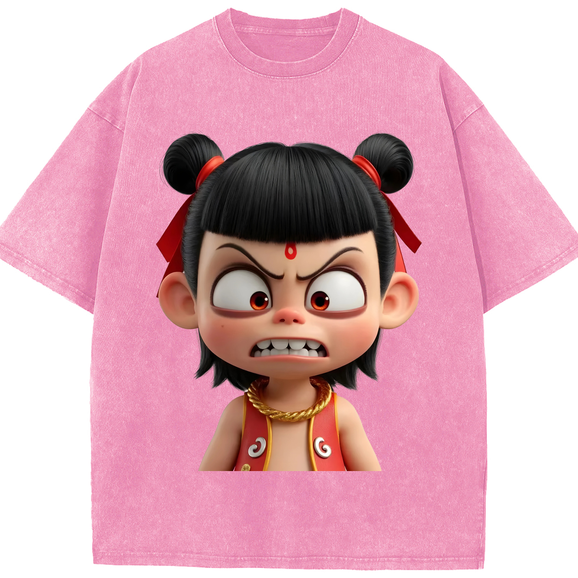 （画像用） Ne Zha 2 ナタ 魔童の大暴れ 綿100% ヴィンテージ風 半袖Tシャツ（フロントプリント）